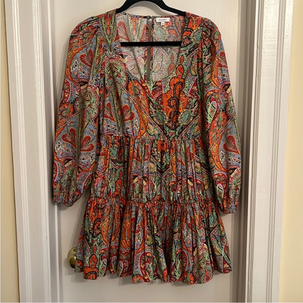 Rhode Resort Pleated Rainbow Heart Print Long Sleeve Mini Dress Size XS
